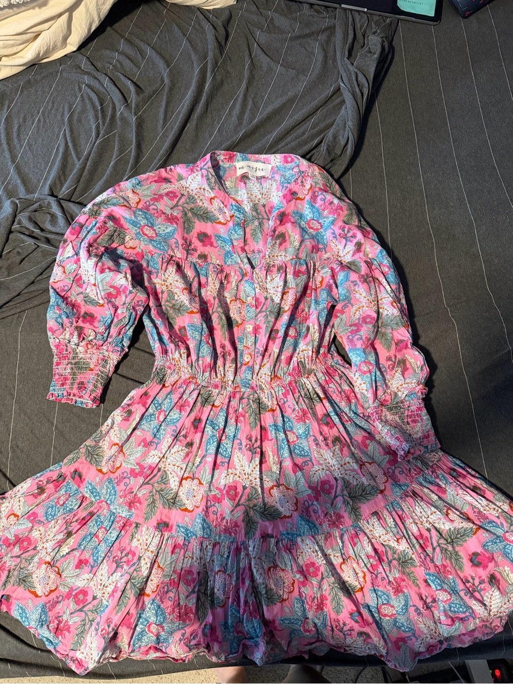 Pink Floral Tiered Mini Dress with Smocked Waist